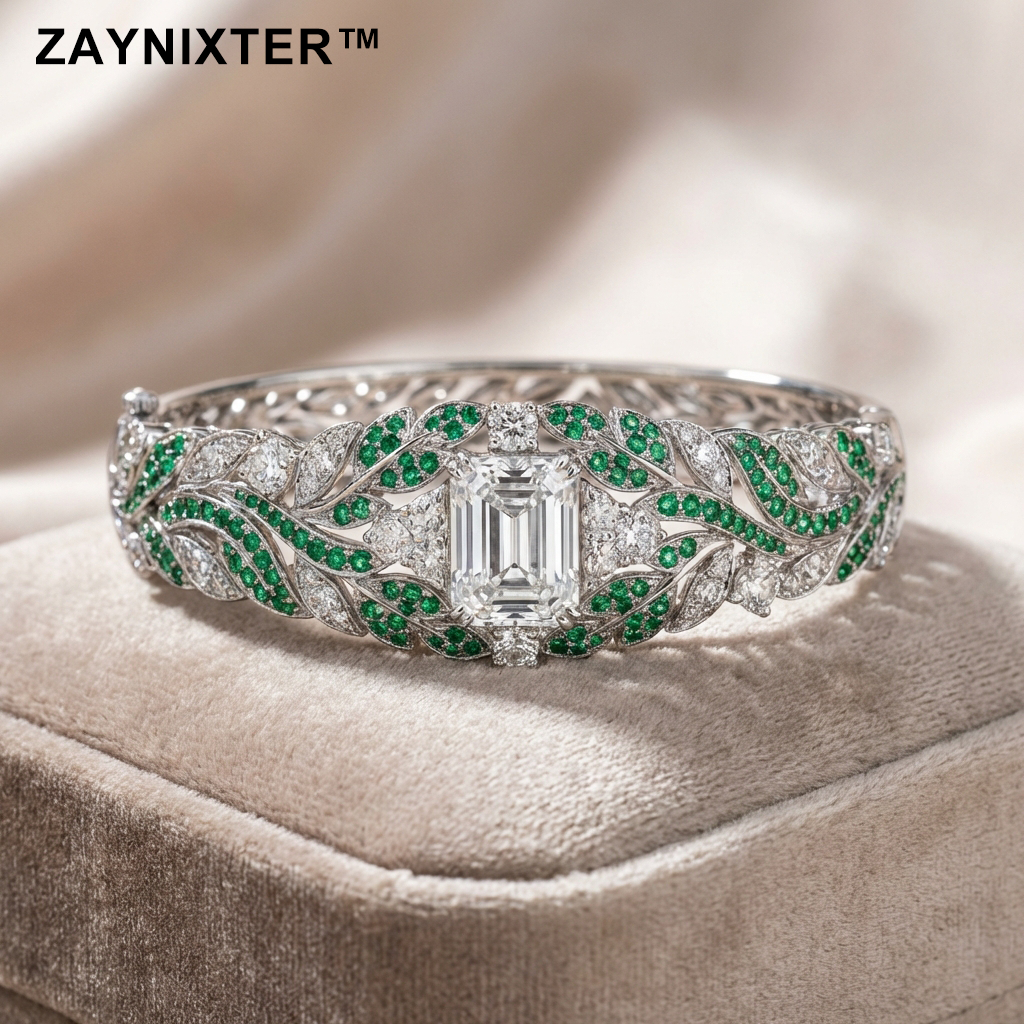 ZAYNIXTER™ | The "Sylvan Elegance" Emerald-Cut & Verdant Vine Statement Bangle
