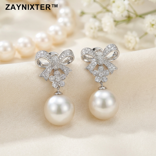 ZAYNIXTER™ | The "Château Ribbon" Micro-Pavé Bow & Luminous Pearl Drop Earrings